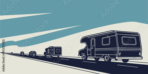 A scenic winter landscape with a train and a car traveling on a snowy road Vector