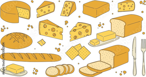Simple outline vector illustration set of cheese, bread, and butter. Food ingredients collection for breakfast.