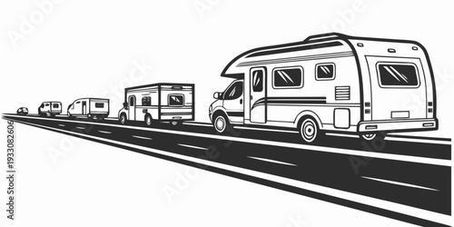 A line of caravans traveling down a highway with a scenic mountain backdrop. Vector