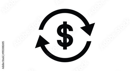 Circular arrows around a dollar sign representing financial flow silhouette, dynamic economy cycle concept illustration, bold monochrome business symbol, money circulation and cash movement icon