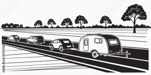 A line of cars and trucks waiting at a toll booth under a rainy sky. Vector