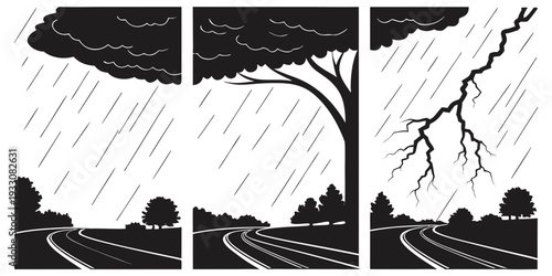A dramatic depiction of a stormy night with lightning striking a lone tree on a hill Vector