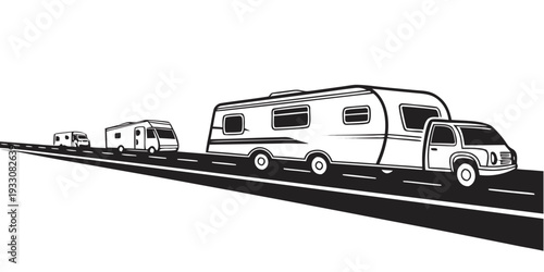 A line of recreational vehicles parked on the side of a road. Vector
