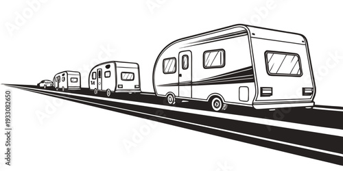 A line of vintage camper vans traveling on a railway track Vector