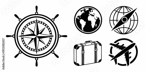 A collection of icons representing navigation, global communication, and shipping. Vector