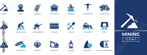 Mining icon set. Containing Mining, Bulldozer, Gold, Diamond, Ground, Shovel, Mine, Torch, Mining Saw and Minerals. Solid icon collection.