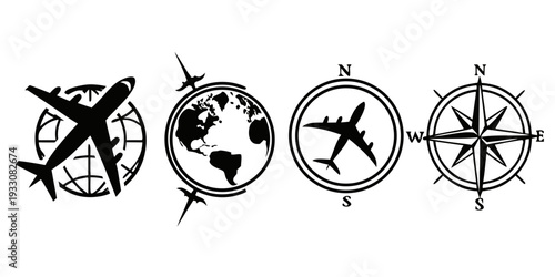 Collection of icons representing various modes of transportation and navigation tools Vector