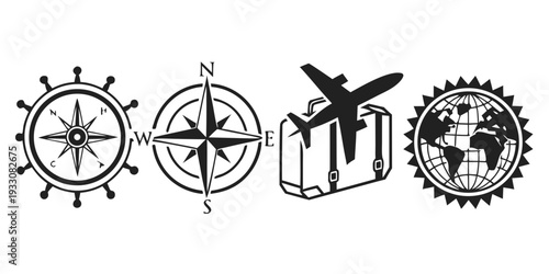 A collection of diverse symbols representing navigation, aviation, and industry. Vector