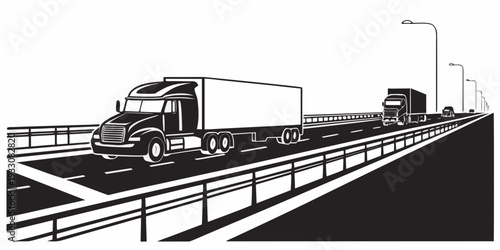 A large truck driving on a highway with a smaller car in the background and a streetlight nearby. Vector