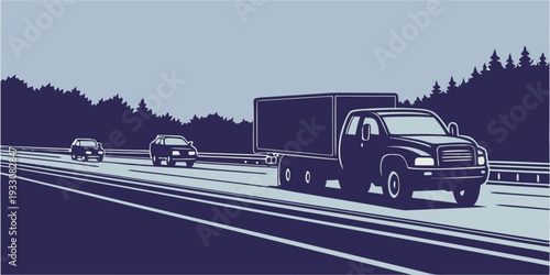 A black and white image of a busy highway with multiple vehicles. Vector
