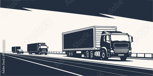 A large truck and a small car are driving on a highway at night. Vector