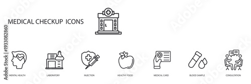 medical check up icons set outline and Flat Style,transparent background