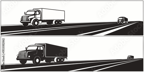A black and white illustration of two trucks driving on a winding road Vector