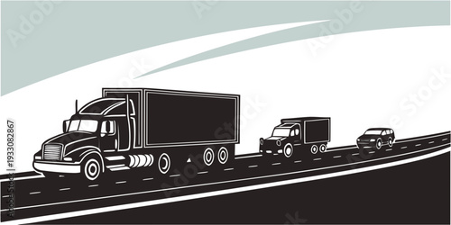 A large truck and a car driving on a winding road in a mountainous area Vector