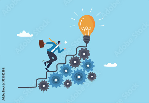  Best practices development, strategy to success or improvement, planning, progress or implementation process, efficiency or productivity concept, businessman running up stair on cogwheel gear