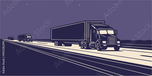 A large truck is traveling down a dark, empty highway at night. Vector