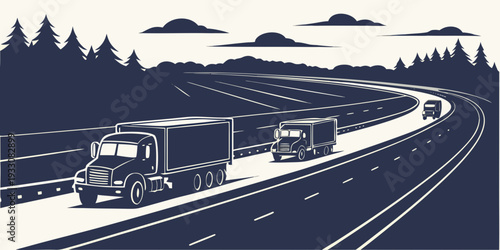 A fleet of trucks driving on a highway surrounded by mountains and trees Vector