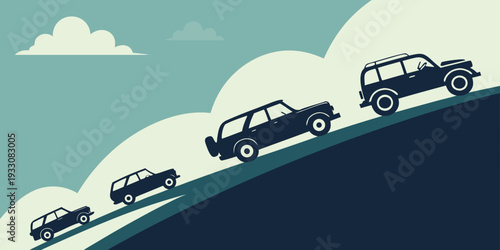 A row of cars driving up a steep, snowy mountain road with a cloudy sky. Vector