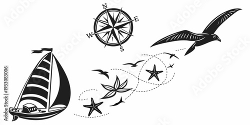 Whale and sailboat illustrations with stars and compass in the ocean Vector