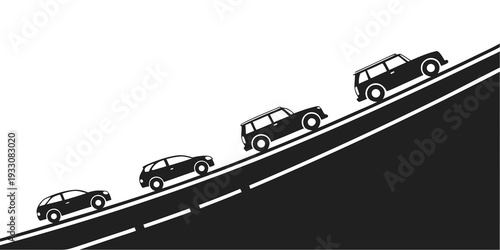 A row of cars driving uphill on a winding road in a black and white illustration Vector