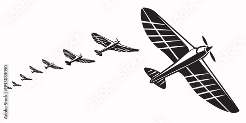 A vintage biplane leading a flock of birds in flight over a landscape Vector