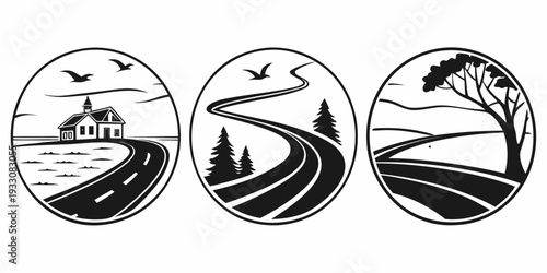 Three distinct scenes of nature and wildlife depicted in circular frames. Vector