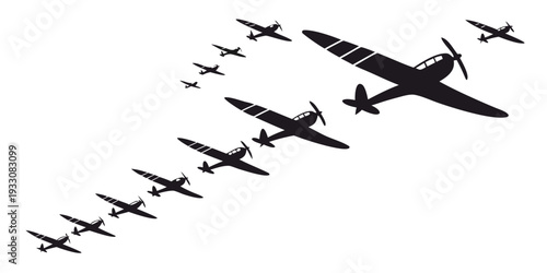 Vintage fighter planes flying in a tight formation over a clear sky Vector