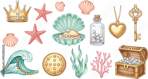 Ocean treasure elements collection seashell pearl jewelry marine vector illustration set