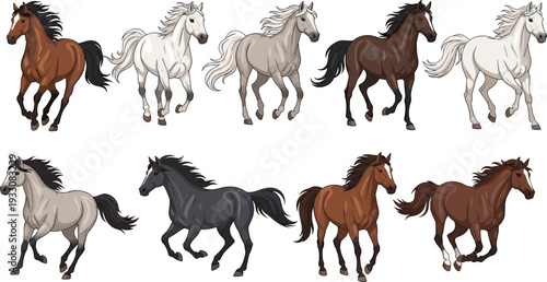 Set of Running Horse Vector Illustrations in Various Colors and Poses for Animal and Equestrian Designs