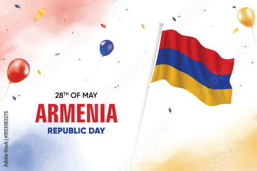 Armenia Republic Day. Armenia Flag Waving With Floating Balloons On Watercolor Grunge Backgorund Design Vector Illustration.