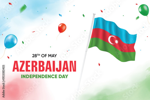 Azerbaijan Independence Day. Azerbaijan Flag Waving With Floating Balloons On Watercolor Grunge Backgorund Design Vector Illustration.