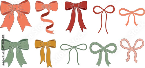 Hand-drawn ribbon bows set vector illustration for gift wrapping, holiday decoration, and celebration design elements