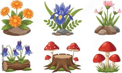 Set of Colorful Flowers, Mushrooms, and Plants Vector Illustrations for Nature and Garden Designs