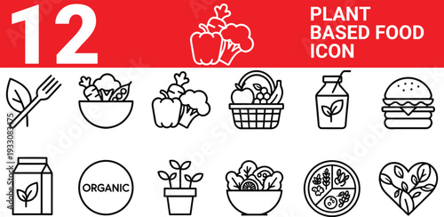 Plant based food icons set with organic vegan vegetarian diet vector illustration flat design