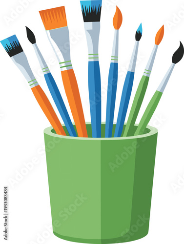 Professional Artist Paint Brushes in Green Cup Holder Vector Illustration for Creative Art Studios, Craft Workshops, Painting Education, and Fine Arts Supplies