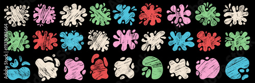 Crayon blob, splash and blot. Pastel colorful frame in amoeba shape. Chalk puddle of paint or a water drop figure. Vector pink, blue, green, and white spots liquid splat background isolated.