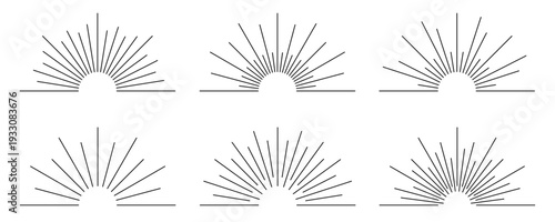 Sunburst rays set in minimalist line art style. Abstract sunrise and radiant sun beam elements with geometric lines and semi-circle shapes. Retro sun rays and sunburst design elements. Vector