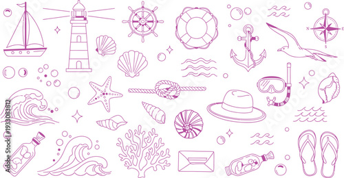 Nautical and marine elements outline vector illustration set. Summer beach vacation icons collection. Sea travel symbols.