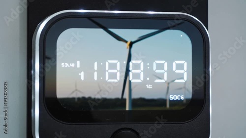 A close-up view of an electronic clock displaying time with wind turbines in the background