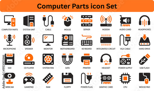 Computer parts icon set silhouette vector on white background 