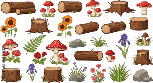 Collection of Woodland Elements Including Logs, Mushrooms, Flowers, and Rocks for Nature and Outdoor Designs