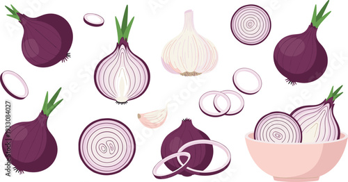 Red onion collection vector set. Whole bulbs, slices, rings and bowl illustration. Fresh organic vegetable icons isolated on background.