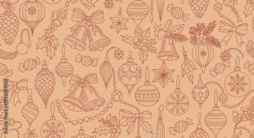 Vintage Christmas Ornaments Seamless Pattern Illustration with Bells and Holly Berries. Retro Holiday Background Vector.