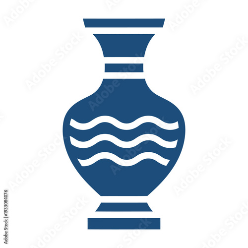 Blue ceramic vase with wavy white stripes and classic design on neutral background
