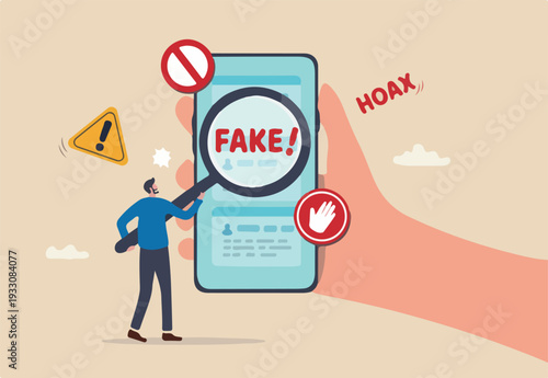  Fake news, false information sharing on social media, hoax or lies censorship, fake website cheating, scam or dishonesty report concept, man magnifying glass on social media as fake news atte.