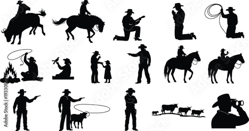 Cowboy silhouettes, western culture, rodeo scenes, horse riding, lasso art, ranch life, guitar music, prayer, campfire, cattle herding, guns