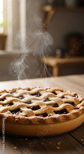 Freshly Baked Blueberry Pie on Wooden Table.