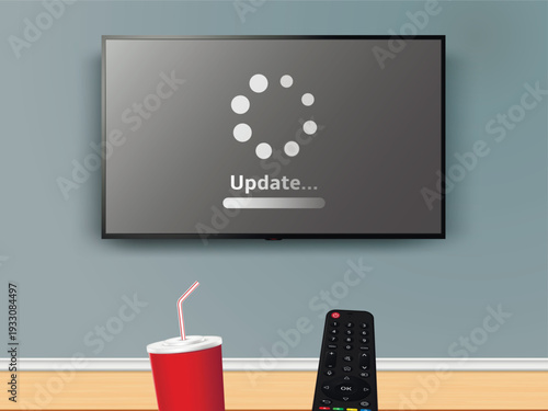 Update progress on TV screen. Watching online TV with remote control and cola drink cup