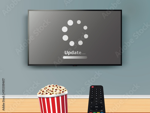 Update progress on tv screen. Popcorn and remote control in front of tv screen. Watching online tv with remote control and popcorn striped box.