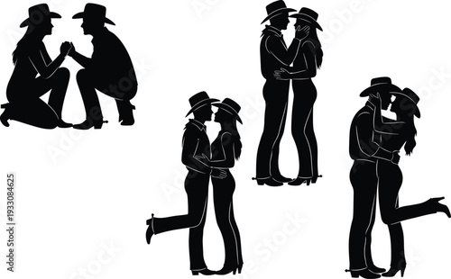 Cowboy couple silhouettes, western romance, love illustration, affectionate poses, country lifestyle, romantic embrace, black design, cowboy hats, intimacy art, rustic culture